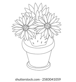 Blooming cactus in a pot. Black and white. Cartoon vector illustration for coloring book, worksheet, print.