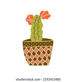 Blooming cactus in a pot. Colorful vector isolated doodle illustration. Hand drawn print, icon, single flower clip art or card