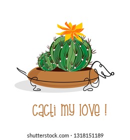 Blooming cactus in a pot in the form of a dog. Vector.