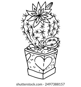 Blooming cactus in a pot. A hand-drawn image of a flowering houseplant isolated from the background. Vector image of a cactus.