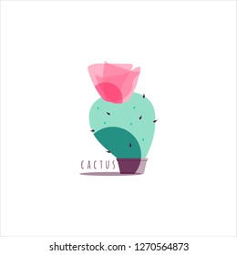 Blooming cactus in a pot. Icon with a spiny plant.