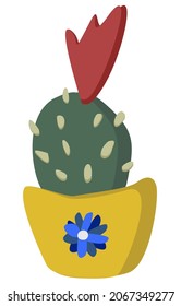 Blooming cactus in a pot. Шnterior item. Flat design.