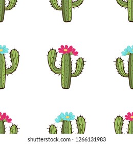 Blooming cactus seamless pattern, hand drawing, vector illustration. Painted green peyote with spikes and pink and blue flower buds on white background. For fabric design, cloth, wallpaper, decorating