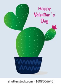 Blooming cactus in the shape of a heart. Lettering Happy Valentine's Day. Hand-drawn vector illustration. Good for greeting card, greetings, invitation, poster, cover, banner, web.