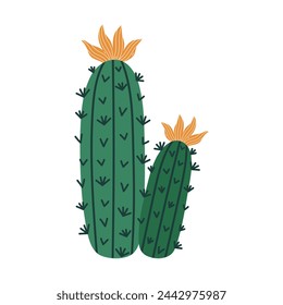 Blooming cactus vector icon. A prickly exotic plant with two green stems, spines, yellow flowers. Indoor or desert succulent. South American cereus. Hand drawn botanical doodle. Flat cartoon clipart