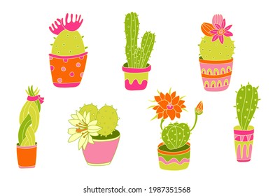 Blooming cactuses  with beautiful flowers in flat style with outline. Houseplant in a pot decorated with pattern. Hand drawn vector illustration of succulent isolated on white. Pink, green, orange.