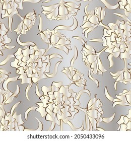 Blooming carnations on a grey background. Seamless floral pattern, vector.
