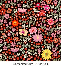 Blooming carpet. Seamless vector pattern with different floral elements. Sunflowers, asters, tulips on brown background. Japanese, Chinese, Korean motifs. Vintage textile collection.