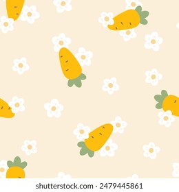 Blooming carrot seamless vector pattern with vegetable and flowers, simple hand drawn cartoon kawaii style. Pastel palette, cute unisex beige background. for printing baby textiles, clothes, packaging
