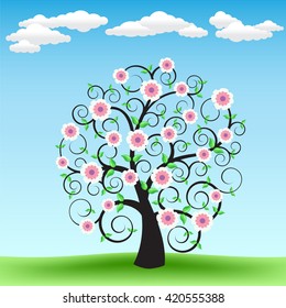 The blooming cartoon tree on the background of green grass and blue sky with clouds