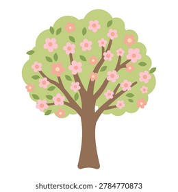 Blooming cherry blossom tree pink sakura spring flower garden plant flat cartoon vector