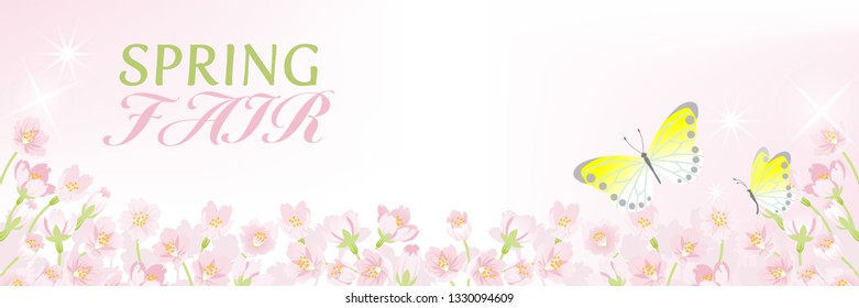 Blooming Cherry blossoms background with Two Butterflies, including words “Spring Fair" - Header ratio
