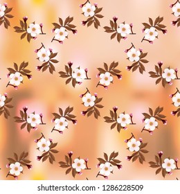 Blooming cherry branches in lattice shape on dark brown abstract background, seamless pattern, vector