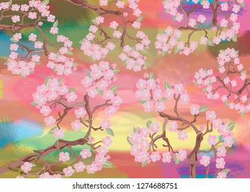 Blooming cherry with a bright sky