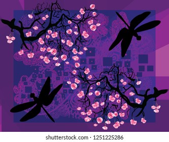 Blooming cherry. Dragonfly