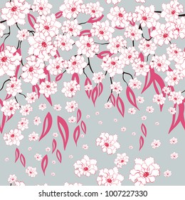 Blooming cherry flowers. Floral Vector seamless pattern. Spring endless background with big and small elements. Natural theme.