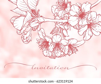 Blooming cherry graphic branch on abstract pink blurred background. Sakura, apple tree flowers vector illustration. Invitation, greeting card design