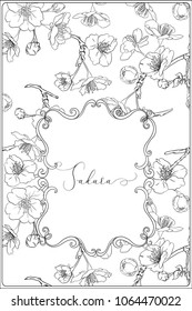 Blooming cherry japanese sakura pattern with place for text.  Stock vectorÂ illustration.  Outline hand drawing. Good for coloring A4 format page for theÂ adult coloring book. 