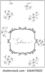 Blooming cherry japanese sakura pattern with place for text.  Stock vectorÂ illustration.  Outline hand drawing. Good for coloring A4 format page for theÂ adult coloring book. 