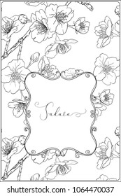 Blooming cherry japanese sakura pattern with place for text.  Stock vectorÂ illustration.  Outline hand drawing. Good for coloring A4 format page for theÂ adult coloring book. 