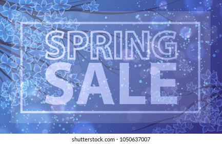 Blooming cherry on blue background with lights, frame and lettering sale. Sakura flowers, petals. Wallpaper, greeting cards for spring sale, holidays, birthday, valentine's day. Vector illustration.