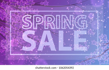 Blooming cherry on purple background with lights, frame and lettering sale. Sakura flowers, petals. Wallpaper, greeting cards for spring sale, holidays, birthday, valentine's day. Vector illustration.