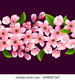 Blooming cherry in a pattern on a colored background.Seamless pattern with blooming cherry.