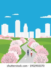 Blooming cherry public park outdoor activity vector poster. Springtime city urban garden alley landscape background. Sport activities in sakura blossoms season. Colorful cartoon vintage illustration