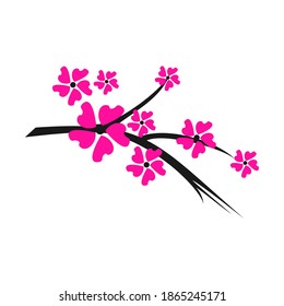 Blooming cherry. Sakura branch with flower buds. Cartoon drawing of a blossoming tree in spring. Logo with Japanese cherry blossoms. Tattoo. Wall art 