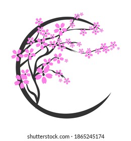 Blooming cherry. Sakura branch with flower buds. Cartoon drawing of a blossoming tree in spring. Logo with Japanese cherry blossoms. Tattoo. Wall art 