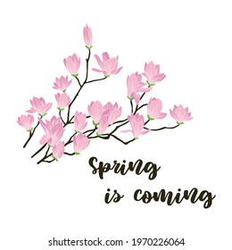 Blooming cherry. Sakura branch with flower buds. Cartoon drawing of a flowering tree in spring. Logo with japanese cherry. Tattoos 