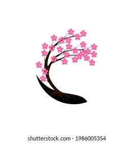 Blooming cherry. Sakura branch with flower buds. Cartoon drawing of a blossoming tree in spring. Logo with Japanese cherry blossoms. Tattoo. Wall art