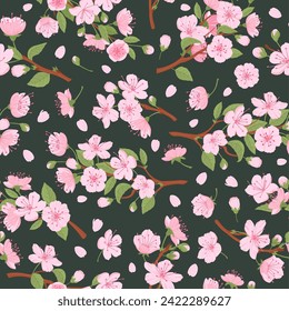 Blooming cherry seamless pattern. Spring cherry flowers, sakura blossom endless design, flat vector background illustration. Japanese sakura flowers pattern