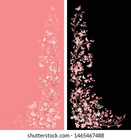 blooming cherry tree branches and flying butterflies - japanese springtime seasonal blossom vector design set