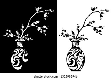 blooming cherry tree branches in a traditional japanese vase - sakura blossom black and white vector design set