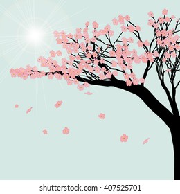 Blooming cherry tree. Sakura flowers against the blue sky. Vector illustration.