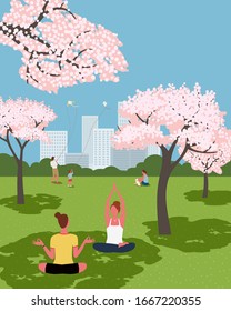 Blooming cherry trees city park recreation zone flat vector. Public park outdoors rest leisure activity. Urban garden sakura blossoms background. Springtime vector cartoon town lifestyle illustration