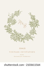 Blooming cherry wreath. Spring wedding invitation card. Vintage oval frame with flowers. Elegant monogram. Green and gold.