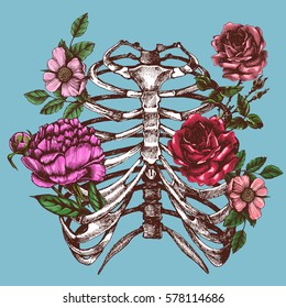 Blooming chest with roses, wild rose and peony. Unusual vector hand drawn illustration for your design.