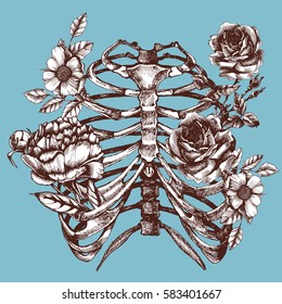 Blooming chest with roses, wild rose and peony. Unusual vector hand drawn illustration for your design.