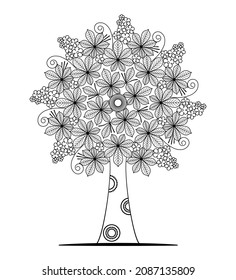 A blooming chestnut tree on a white background. Anti-stress coloring book for children and adults. Decorative element for design