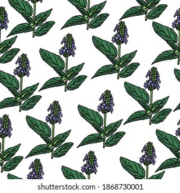 Blooming chia plant seamless pattern, plant with wide green leaves and small purple flowers, vector illustration for deign
