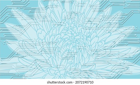 A blooming chrysanthemum, with the circuit board of an electronic device as the background, symbolizes the balanced development of artificial intelligence and natural ecology, both coexisting