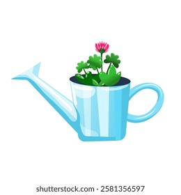 Blooming Clover Flower Rested in Watering Can. Spring Vector Composition