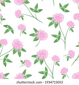 Blooming clover seamless pattern. Botanical background with wild flowers and green leaves. Vector floral illustration in cartoon flat style.