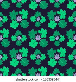 Blooming clover Seamless pattern with trefoil and four-leaf and flowers. Vector illustration repeating pattern for St Patrick Day shamrock or clover leaves. Simple Floral ornament traditional holiday 