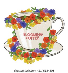 Blooming colorful flower rings that gird the coffee cup illustration.