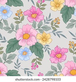 Blooming colorful flowers with green leaf seamless pattern for fabric textile wallpaper.