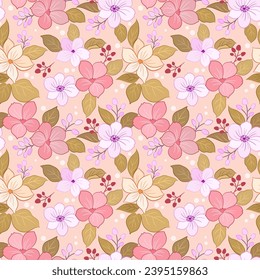 blooming colorful flowers and leaf seamless pattern. This pattern can be used for fabric textile wallpaper.
