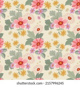 Blooming colorful flowers in seamless pattern. Can be used for fabric textile wallpaper.